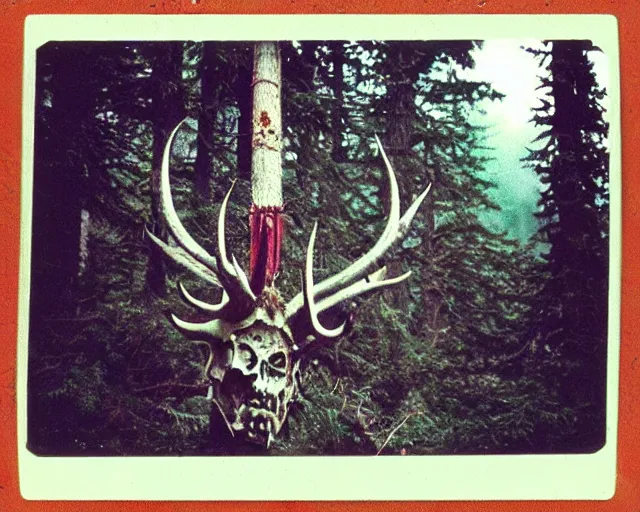 Image similar to Ancient cultic ritual totem made of horns and thorns disposable camera photo, polaroid, forest, horror movie