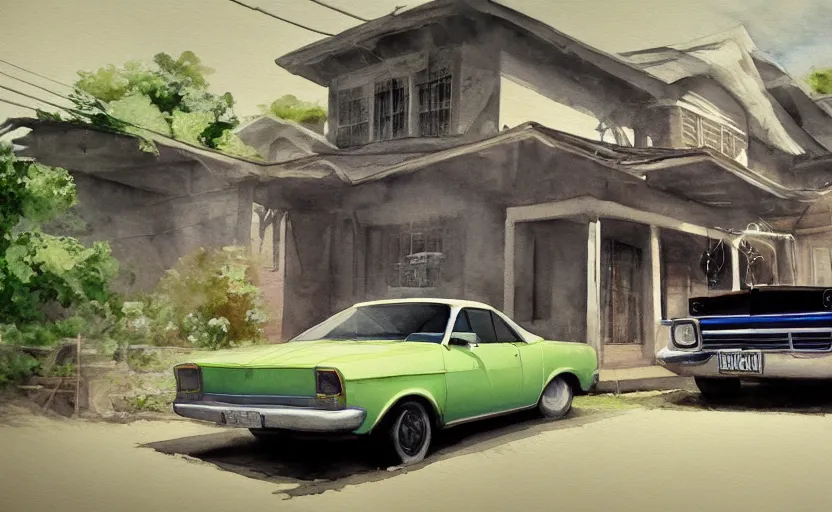 Image similar to a watercolor painting of a chevrolet opala parked near a 1 9 0 0 s house, digital painting, masterpiece, hyperrealistic, concept art, trending on deviantart, highly detailed, high quality, 4 k, symmetrical, low contrast, watercolor, warm, soft lighting, path traced, godrays