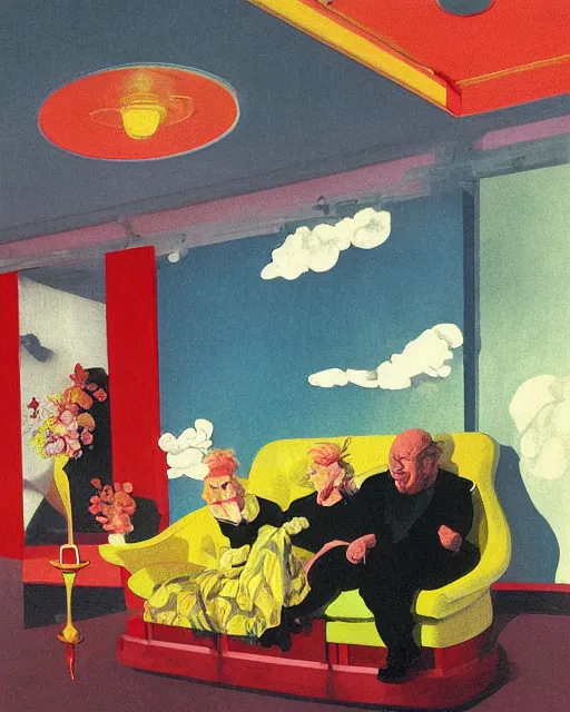 Image similar to old dead couple sitting on a couch and a person inside a large aquarium with clouds at red and yellow art deco interior room in the style of Francis Bacon and Syd Mead, open ceiling, highly detailed, painted by Francis Bacon and Edward Hopper, painted by James Gilleard, surrealism, airbrush, very coherent, triadic color scheme, art by Takato Yamamoto and James Jean