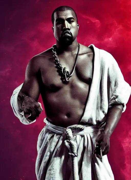 Image similar to kanye west as zeus!!!, god of thunder, greek god, white robe, thunderbolt, in mortal kombat, mythology, fantasy, detailed face, splash art, movie still, cinematic lighting, dramatic, octane render, long lens, shallow depth of field, bokeh, anamorphic lens flare, 8 k, hyper detailed, 3 5 mm film grain