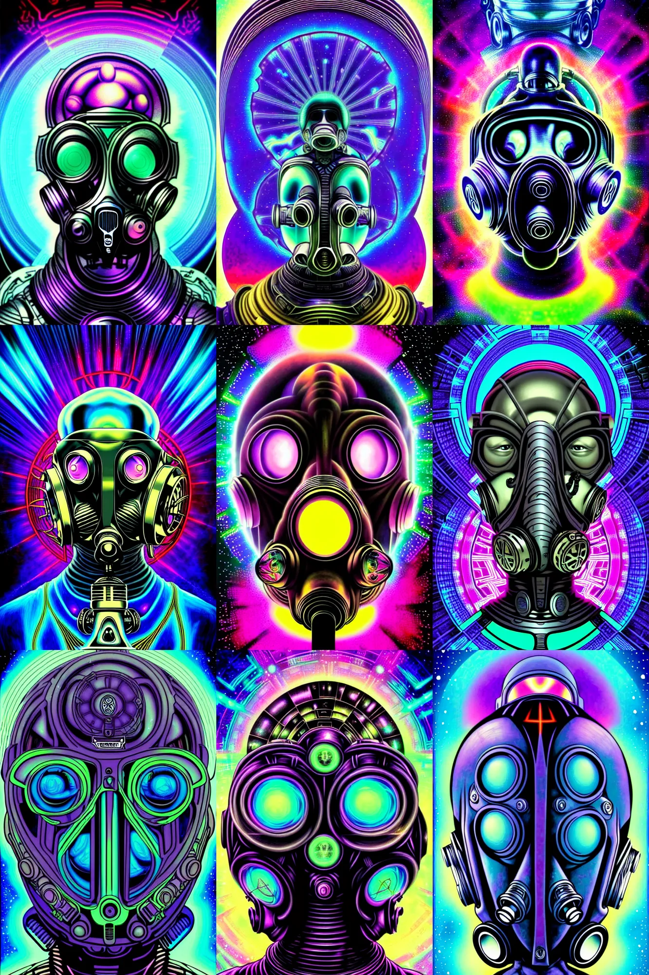 Prompt: vin diesel deity aliens extraterrestrial wearing a beautiful cybernetic gas mask in the style of alex grey and beeple and william blake in the style of adorable dark fantasy, fantasy, art deco, magic realism, award winning art, muted colors, cmyk color scheme