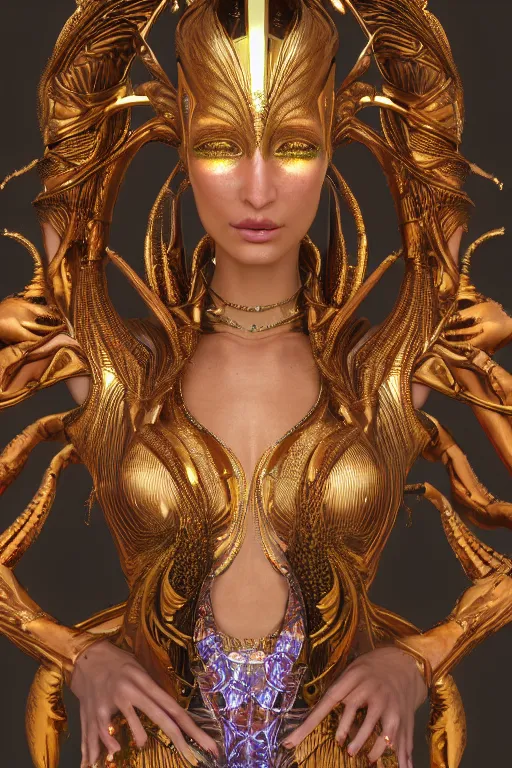 Image similar to a highly detailed metahuman 4 k close up render of an alien goddess bella hadid as kali in iris van herpen dress schiaparelli in diamonds swarovski and jewelry in style of alphonse mucha gustav klimt trending on artstation made in unreal engine 4