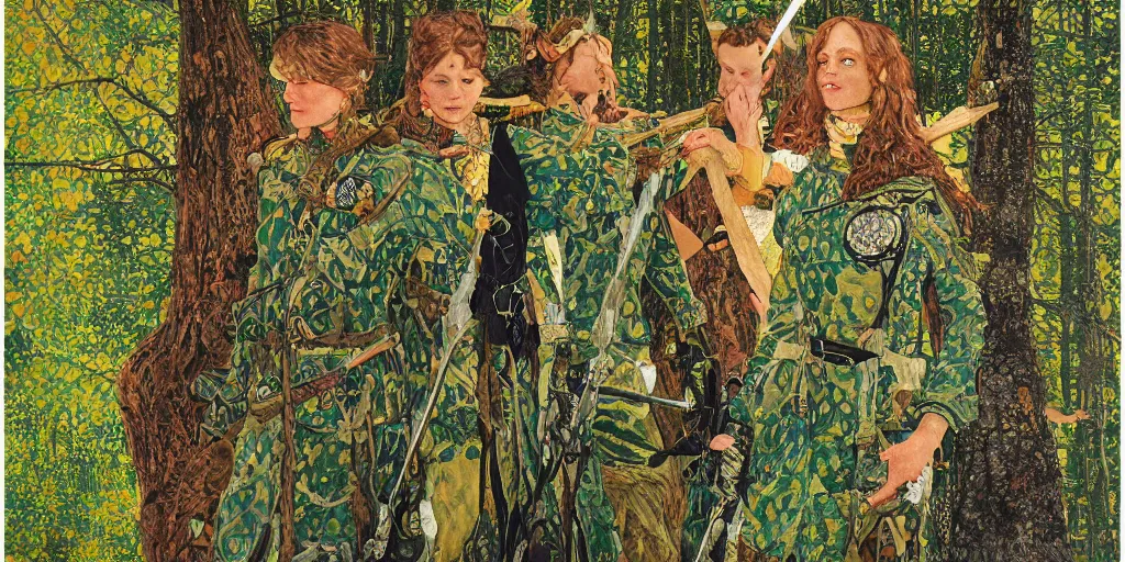 Prompt: forest ranger medic archer rpg masterpiece female, oil painting charles vess, green camo intricate stitched patterned clothes, klimt,