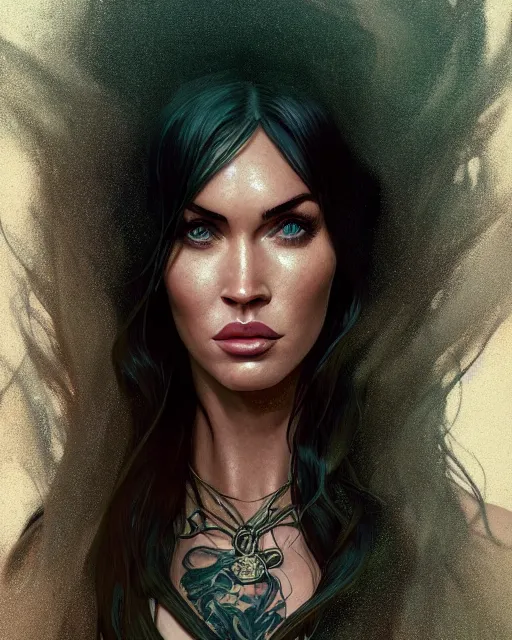 Image similar to highly detailed vfx portrait of megan fox as a witch, stephen bliss, unreal engine, greg rutkowski, loish, rhads, beeple, makoto shinkai and lois van baarle, ilya kuvshinov, rossdraws, tom bagshaw, alphonse mucha, global illumination, detailed and intricate environment