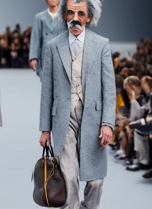 Image similar to hyperrealistic and heavy detailed louis vuitton runway show of albert einstein, leica sl 2 5 0 mm, vivid color, high quality, high textured, real life