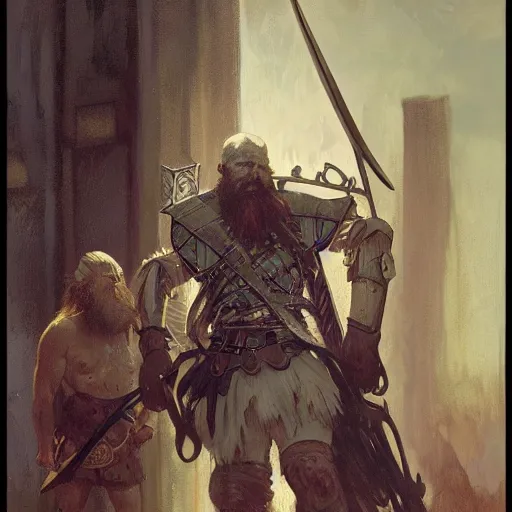 Image similar to rough-skinned, short-bearded undead Viking warrior with ice-pale skin wearing brutalist plate armor with art deco knotwork, by Greg Rutkowski, Brom, and Alphonse Mucha