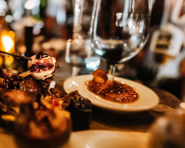 Prompt: 8 5 mm food photography of a severed eyeballs skewer at a restaurant with dof and bokeh and wine glasses out of focus in the background. highly detailed 8 k. intricate. lifelike. soft diffused light. nikon d 8 5 0.