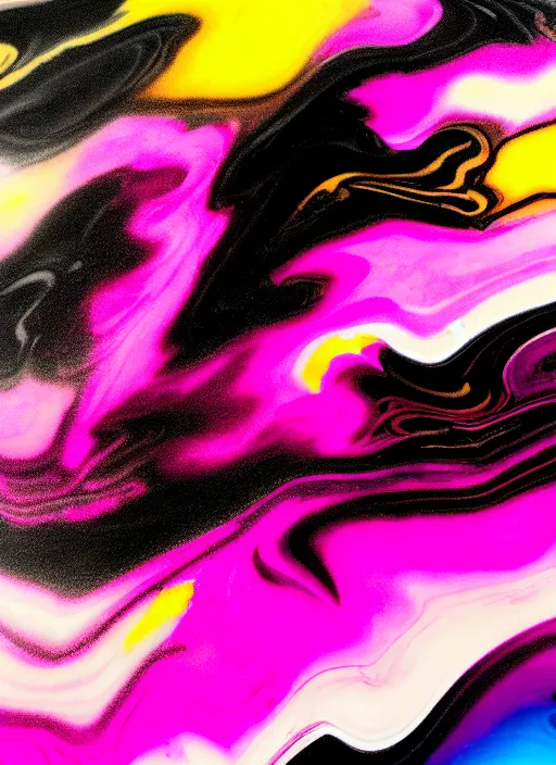 Prompt: tempered glass art abstract fluid marble pink yellow black white color out of focus realistic film grain