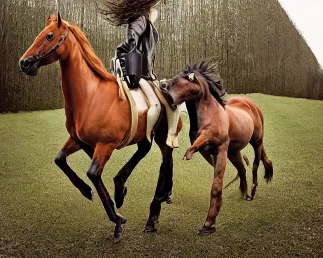 Image similar to incredible strange absurd artwork of horses with two legs, horses walking like humans with two legs, horses walking like humans in the style of tim walker fashion photography, horses doing human jobs