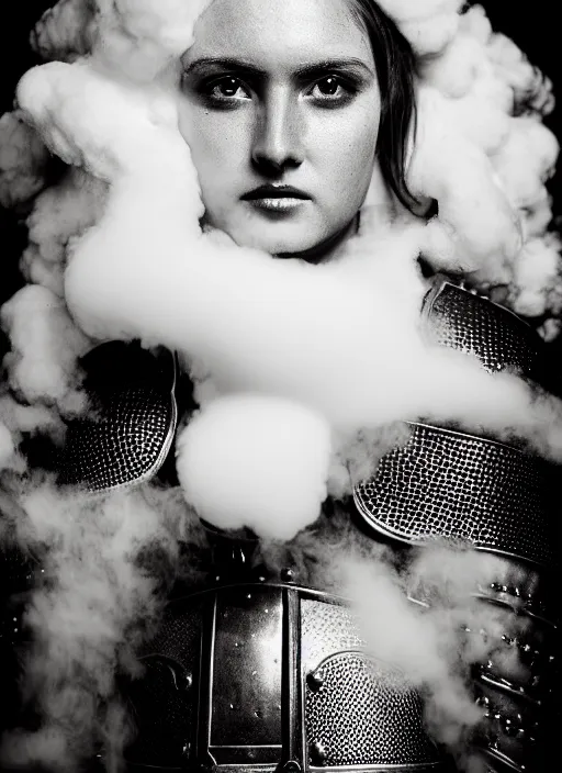 Prompt: head and shoulders portrait of a female knight made of milk feather and white smoke, glamor shot, portrait, ilford hp 5, f / 2. 8, black and white, high contrast, 1 6 k, lonely, perfectionism, halfrear lighting, insanely detailed and intricate, hypermaximalist, super detailed