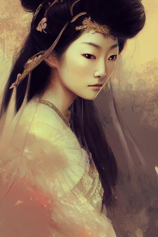 Image similar to Japanese princess, gorgeous, close-up portrait, intricate, elegant, volumetric lighting, scenery, digital painting, highly detailed, artstation, sharp focus, illustration, concept art, ruan jia, steve mccurry