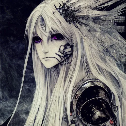 Prompt: Yoshitaka Amano realistic illustration of an anime girl with white hair and cracks on her face wearing dark souls armour with the cape fluttering in the wind, abstract black and white patterns on the background, noisy film grain effect, highly detailed, Renaissance oil painting, weird portrait angle