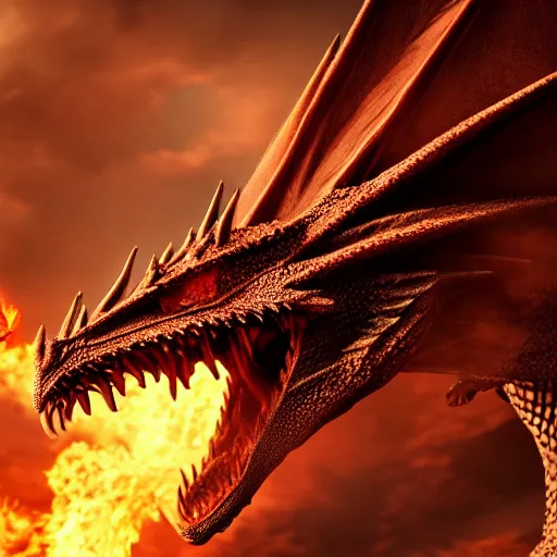 Prompt: fire - breathing dragon, 4 k, cinematic composition, fantasy, extremely detailed, intricate details