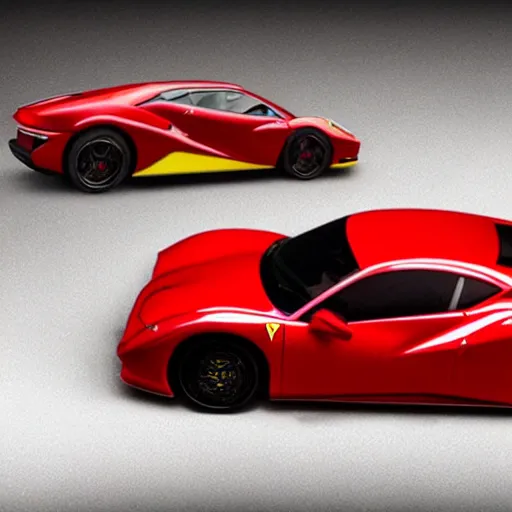 Prompt: realistic photographie lamborgini luxury mix with ferrari inside platique toy box