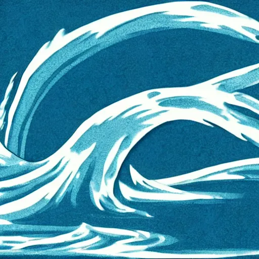 Image similar to a blue water wave in the silhouette shape of Godzilla, cartoon drawing