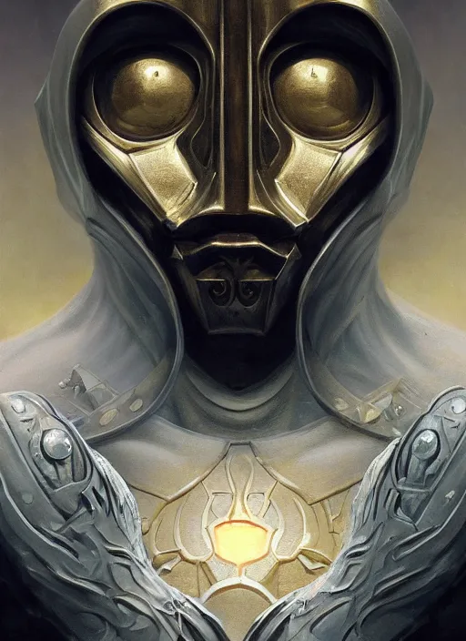 Image similar to evil mf doom with occult glowing, metallic shiny skin, occult armor, intricate, elegant, highly detailed, centered, digital painting, artstation, concept art, smooth, sharp focus, illustration, artgerm, tomasz alen kopera, peter mohrbacher, donato giancola, joseph christian leyendecker, wlop, frank frazetta