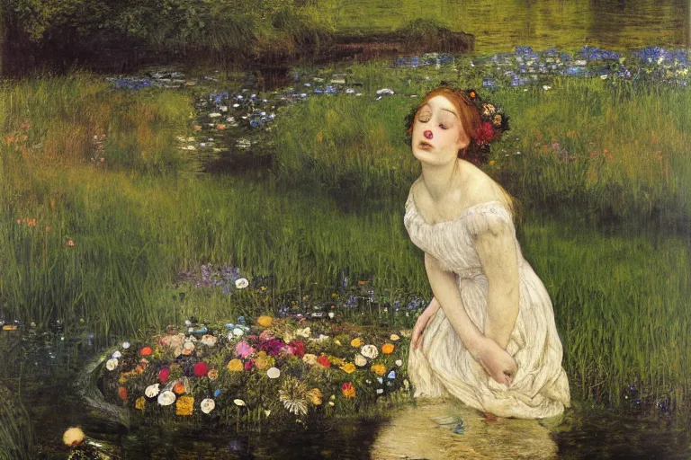 Prompt: a virtuosic portrait of a beautiful young ophelia, floating drowned, with closed eyes, in the dark waters of a river surrounded by high green grass and many fine flowers, wearing a nicely crafted antique dress, by sir john everett millais, gustave courbet, egon schiele and gustav klimt, realistic, hyperdetailed, ethereal, sad, masterpiece, oil painting