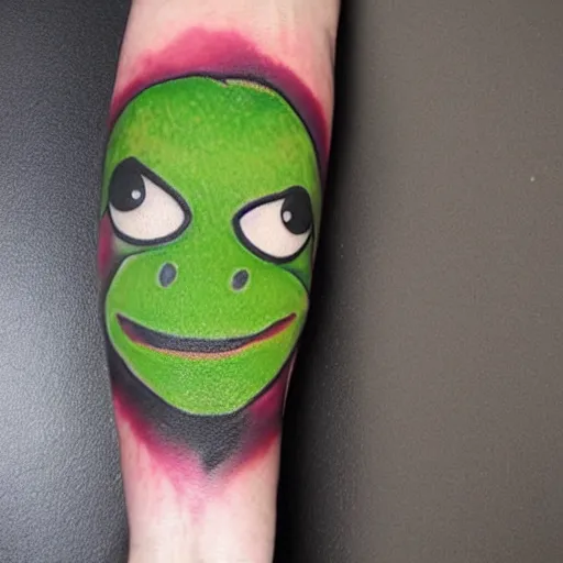 Prompt: tattoo of kermit the frog from sesame street with joker makeup