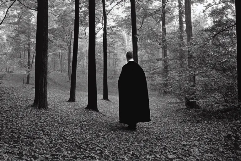 Image similar to vintage kodak film photography from 7 0 s with pro mist filter, close - up man in black robe portrait, forest, in style of joel meyerowitz