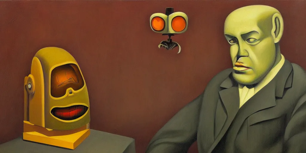 Image similar to evil mastermind robot portrait, grant wood, pj crook, edward hopper, oil on canvas