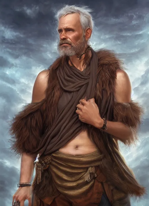 Image similar to a relaxed male middle aged druid in a sleeveless west, brown short hair, strong, full body, 8 k, hyperrealistic, hyperdetailed, fantasy portrait by laura sava