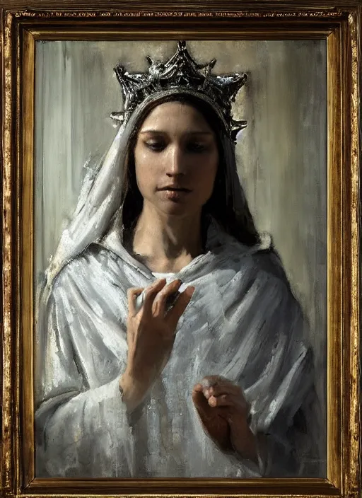 Image similar to portrait of the Virgin Mary wearing glowing silver robes with a crown of Laurel above her head that looks as though a portal to the sky, by Jeremy Mann, stylized, detailed, realistic, loose brush strokes, intricate, beautiful, flowing, soft lighting