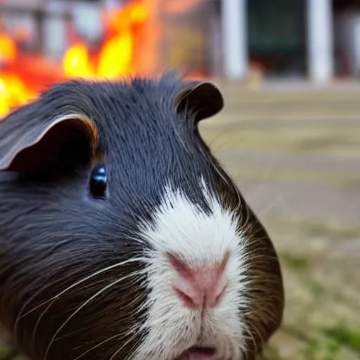 Prompt: a guinea pig selfie in front of a burning building