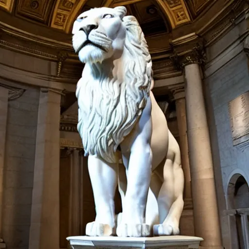 Prompt: Hercules with white lion head statue well lit in museum