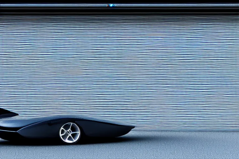 Image similar to A professional garage photograph of a futuristic space ship made of a slick metallic substance.