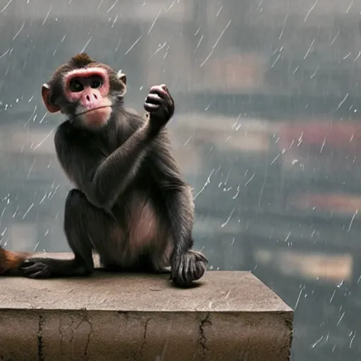 Image similar to movie still of a monkey playing banjo on a rooftop in the rain, hyper realistic, dark, gothic, nightcore, 4 k, highly detailed, beautifully rendered