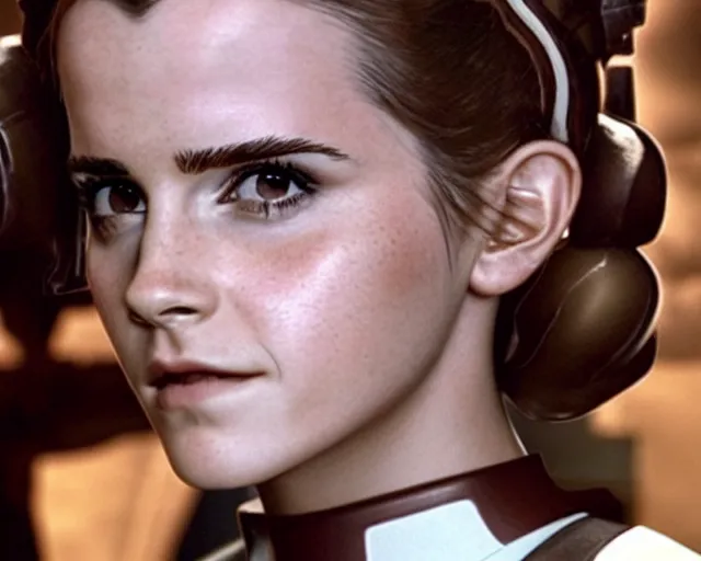Prompt: color still photo of emma watson as princess leia star wars, detailed, close - up