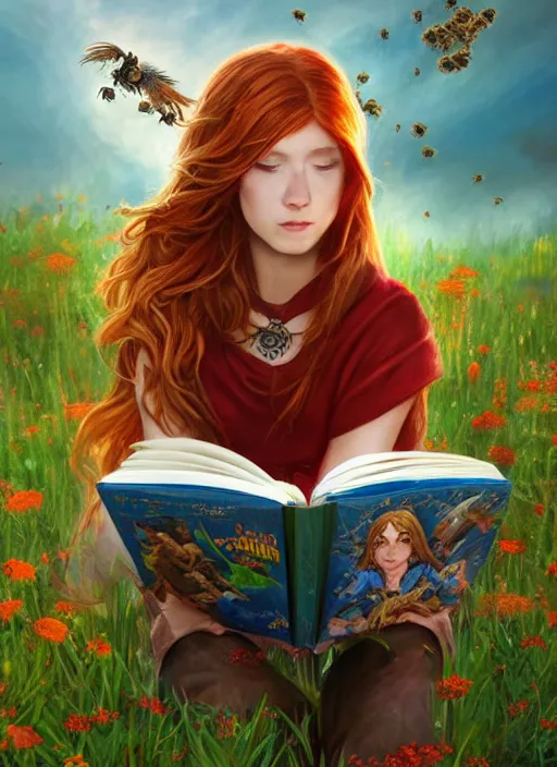 Image similar to An epic fantasy comic book style portrait painting of a young red headed girl reading a book in a field of flowers surrounded by bees in the style of the wheel of time, unreal 5, DAZ, hyperrealistic, octane render, cosplay, RPG portrait, dynamic lighting