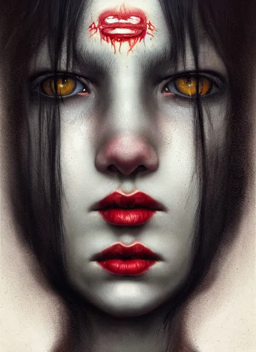 Prompt: a detailed facial portrait of black hair human female with red eyes, a beautiful face, mutation, by tom bagshaw, by dorian cleavenger, zdzisław beksinski, bastien lecouffe - deharme trending on artstation