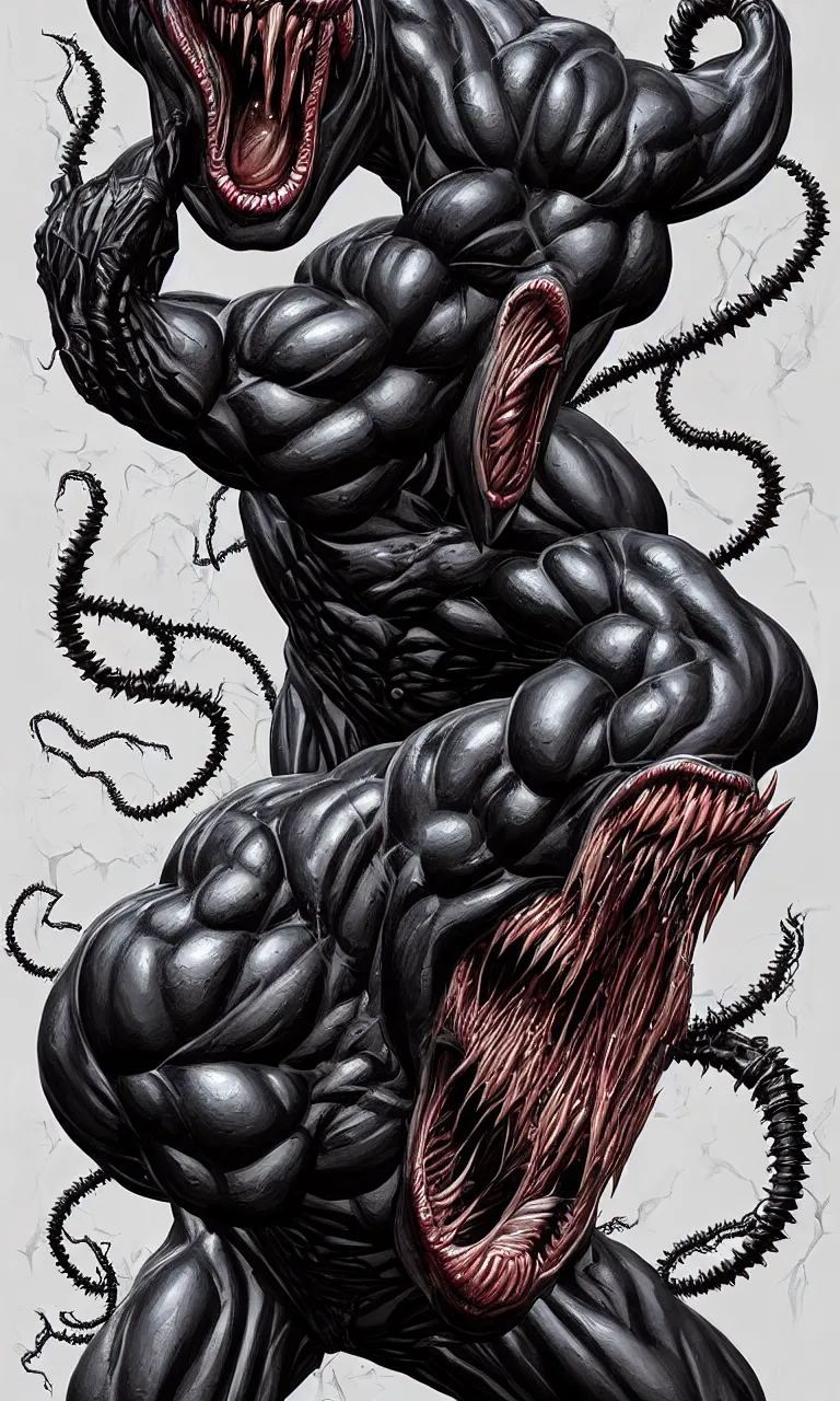 Image similar to hyper realist three quarter angle full body long shot of bodybuilder venom from marvel comics!!!!, large mouth with teeth, large tongue, lovecraftian horror!!, fantasy, intricate, elegant, highly detailed, digital painting, artstation, concept art, matte, sharp focus, illustration, art by glenn fabry and giger