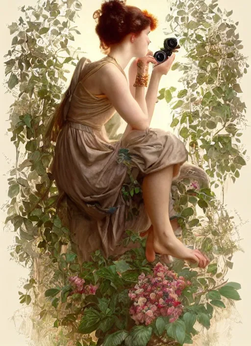 Image similar to hyper realistic photographer looking through a vintage camera, design on white background, beautiful details, lush foliage, gold, drawn by john singer sargent, tom bagshaw, norman rockwell, alphonso mucha, lolish, trending on artstation