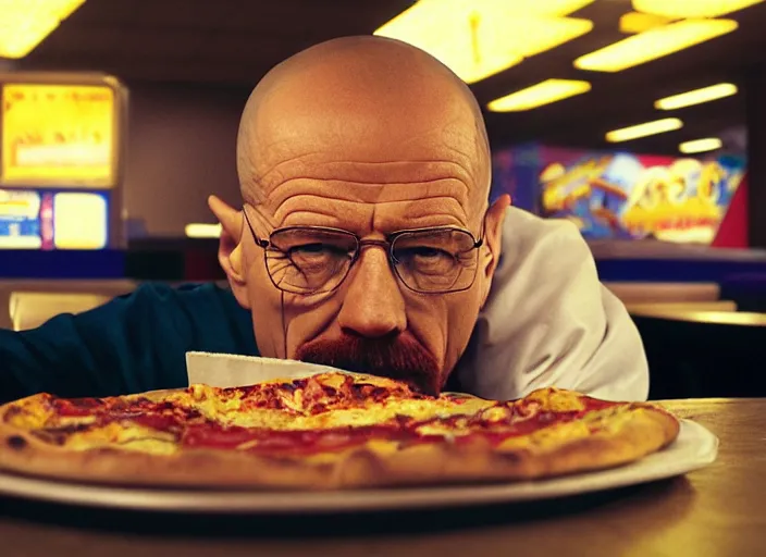 Image similar to portrait of walter white eating pizza at chuck - e - cheese with sloppy cheesy sauce getting slopped up all over the place, dramatic lighting, moody film still from breaking bad ( 2 0 1 1 ), 3 5 mm kodak color stock, 2 4 mm lens, directed by rian johnson, ecktochrome