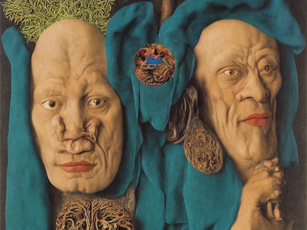 Image similar to Portrait of albino mystic with blue eyes, with sculpted shamanic mask made from jade. Painting by Jan van Eyck, Audubon, Rene Magritte, Agnes Pelton, Max Ernst, Walton Ford