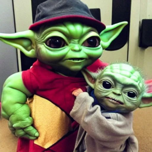 Prompt: baby yoda hanging out with iron man