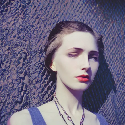 Image similar to close-up, color slide, Kodak Ektachrome E100, studio photographic portrait of Death as a young attractive, pale girl, gorgeous face, wears Egyptian Ankh Cross Pendant Necklace, Neo-Gothic looking, sits at a bench in a public park, intricate, elegant, blue hour, casual, lifelike, realistic, punk, Nikon camera, 75mm lens, f/2.8 aperture, HD, deep depth of field, sharp focus, rich deep moody colors, masterpiece image, highly detailed, Shutterstock, Curated Collections, Sony World Photography Awards, Pinterest, by Annie Leibovitz