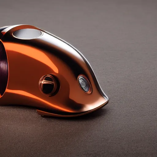 Image similar to award winning product photography, 3 5 mm lens, of a glossy orange metallic and shiny purple metallic shiny ergonomic virtual reality headset in style of a 1 9 3 6 bugatti type 5 7 sc, studio lighting,