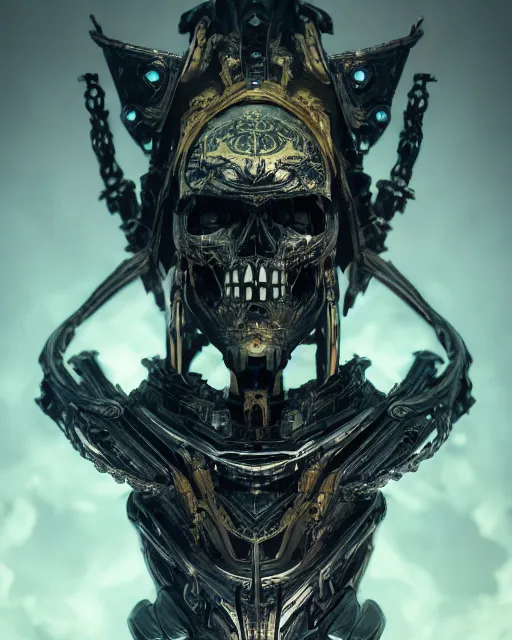 Image similar to a portrait of a dark sci fi skull encased in dark sci fin armor and ornate metal ornaments, cinematic lighting, smooth, high detail, complex shapes, unreal engine, octane render, by blizzard studios, golden rule, sense of action, fog volumes, vivid color glow, post processing, cgsociety