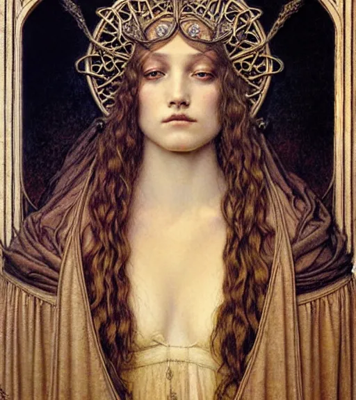 Image similar to detailed realistic beautiful young medieval queen face portrait by jean delville, gustave dore and marco mazzoni, art nouveau, symbolist, visionary, gothic, pre - raphaelite. horizontal symmetry