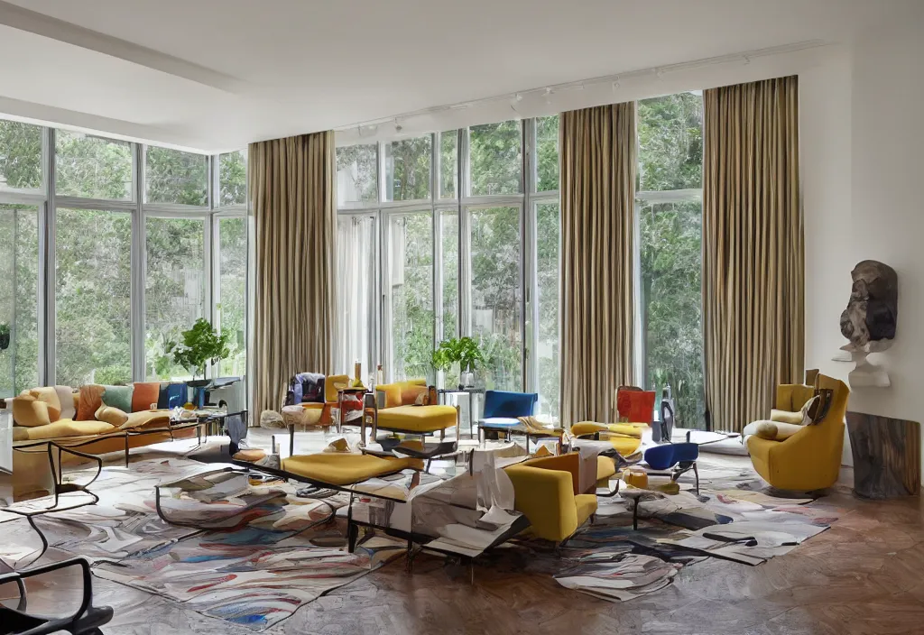 Image similar to a living room, modern interior design, residential design, floor - to - ceiling windows, by india mahdavi and henri matisse, trending ，