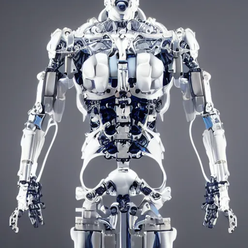 Prompt: complex chromium cybernetic endoskeleton in a white room : : transparent armor : : upper shoulder closeup