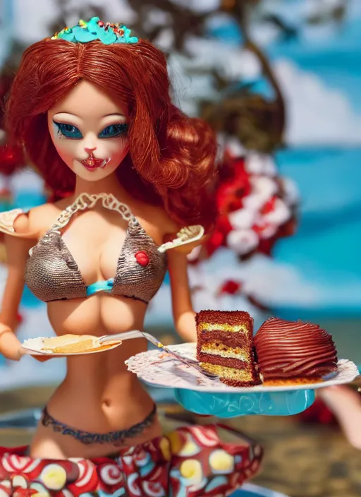 Image similar to closeup of a tin toy bikini girl eating cakes, depth of field, zeiss lens, detailed, symmetrical, centered, fashion photoshoot, by nicoletta ceccoli, mark ryden, lostfish, earl nore, hyung tae, frank frazetta, breathtaking, 8 k resolution, extremely detailed, beautiful, establishing shot, artistic, hyperrealistic, octane render