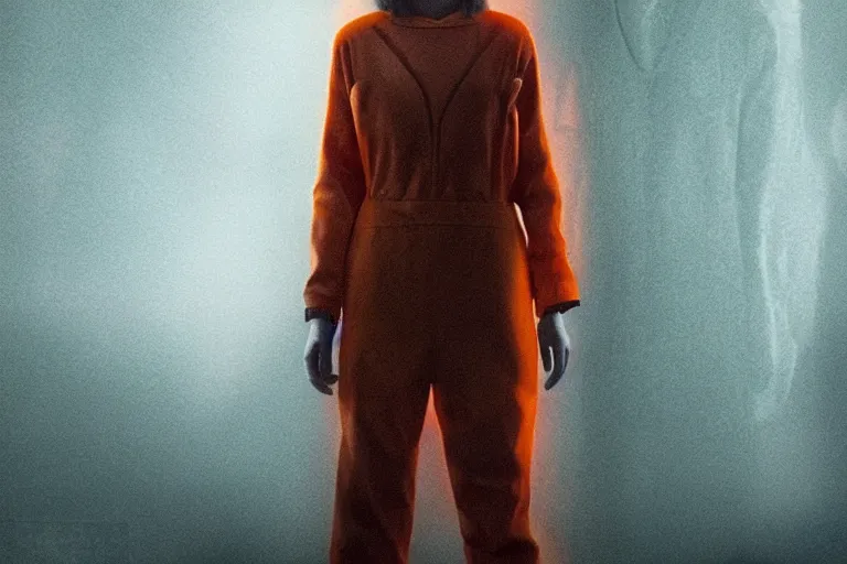 Image similar to a still from the film bladerunner 2 0 4 9 depicting haruka abe wearing an orange prison jumpsuit. behind her a gigantic holographic face can be seen. sci fi, futuristic,