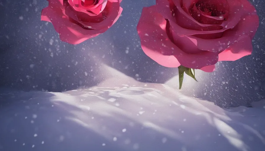 Image similar to rose in the snow, bright sunlight, volumetric light, hyperdetailed, artstation, cgsociety, 8 k