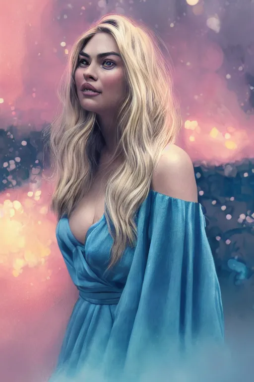 Image similar to an insanely detailed close up portrait of a beautiful blonde haired woman who looks like kate upton and margot robbie, blue dress, holding nikon camera, large fountain in background bokeh, in the style of peter mohrbacher, artgerm, dramatic lighting and composition, pink fog background, octane render, trending on artstation, concept art 8 k