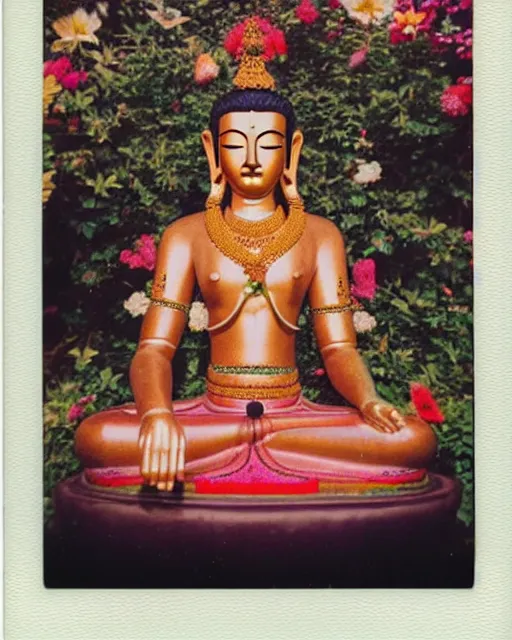 Image similar to beautiful woman reaching nirvana, surrounded by ornaments and flowers, polaroid photography