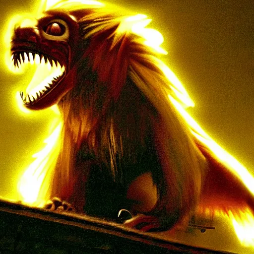 Image similar to golden lion tamarin destroying tokyo in the style of the movie godzilla, cinematic lighting, cinematic framing and shadows 1 9 7 0 s aesthetic